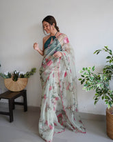 Gazing Soft Olive Green Rose Printed Pure Organza Saree